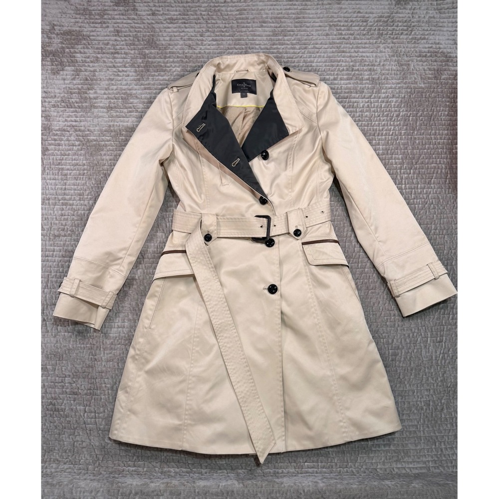 COLE HAAN Beige Belted Trench Coat Leather Trim Size S